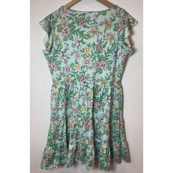 Smith & Quinn Dress Stretch Flutter Sleeve Green Pink Yellow Floral Large - Picture 4 of 5